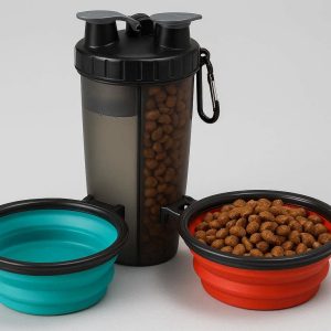 11 Two In One Dog Water Bottle Food Container Portable Pet Travel Feeder With Dual Collapsible Bowls For Hiking Walking